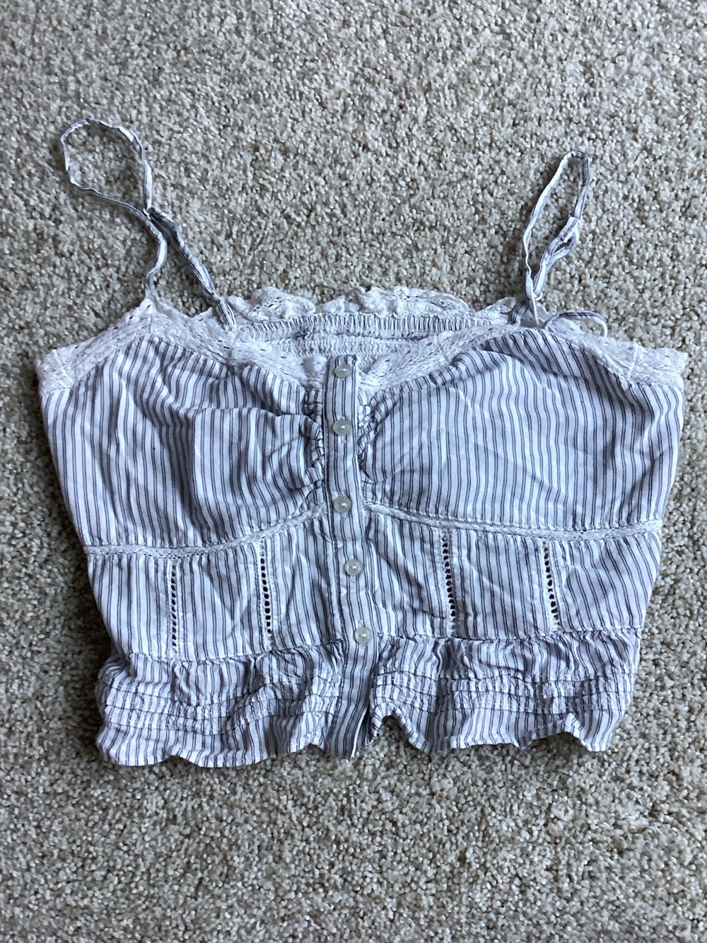American Eagle Outfitters White and Light Blue Striped Lace Cami